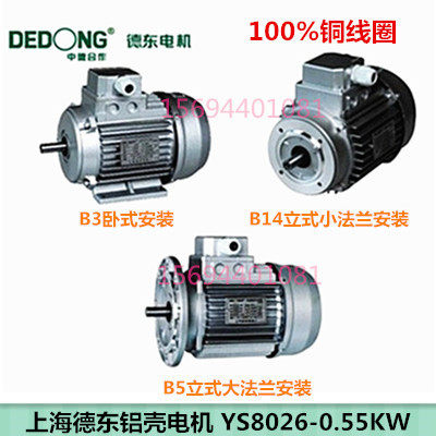 YS8026-0.55KW Shanghai Dedong aluminum shell three-phase asynchronous motor 6 pole 550W horizontal vertical national standard all copper