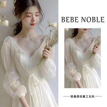 BEBE NOBLE French first love little white dress for women summer chiffon seaside beach skirt super fairy waist dress