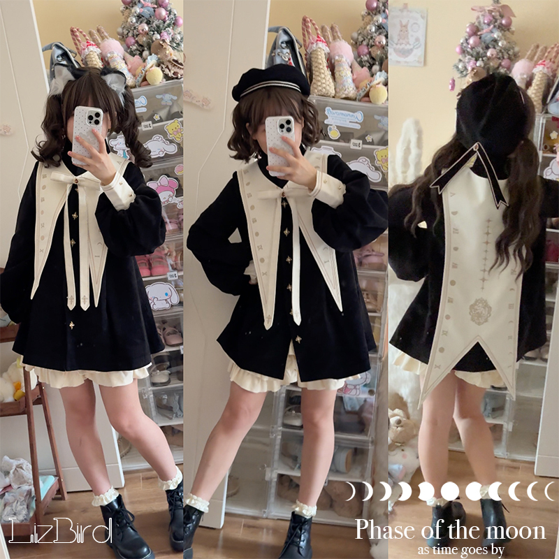 [in Stock] Moon Phase Calendar Bird Original Lolita Autumn/Winter Coat Chenille Fleece Jacket with Detachable Collar Cape