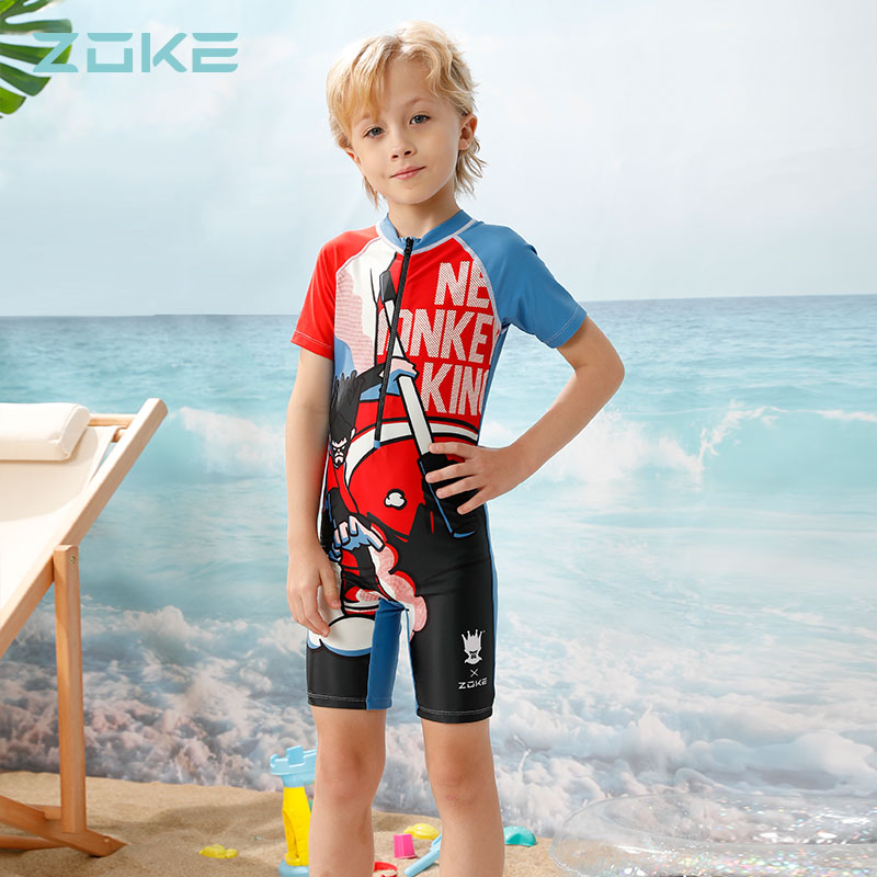 zoke Zhouke new children's swimsuit boy conjoined flat corner sunscreen middle and big boy boy baby quick-drying swimsuit