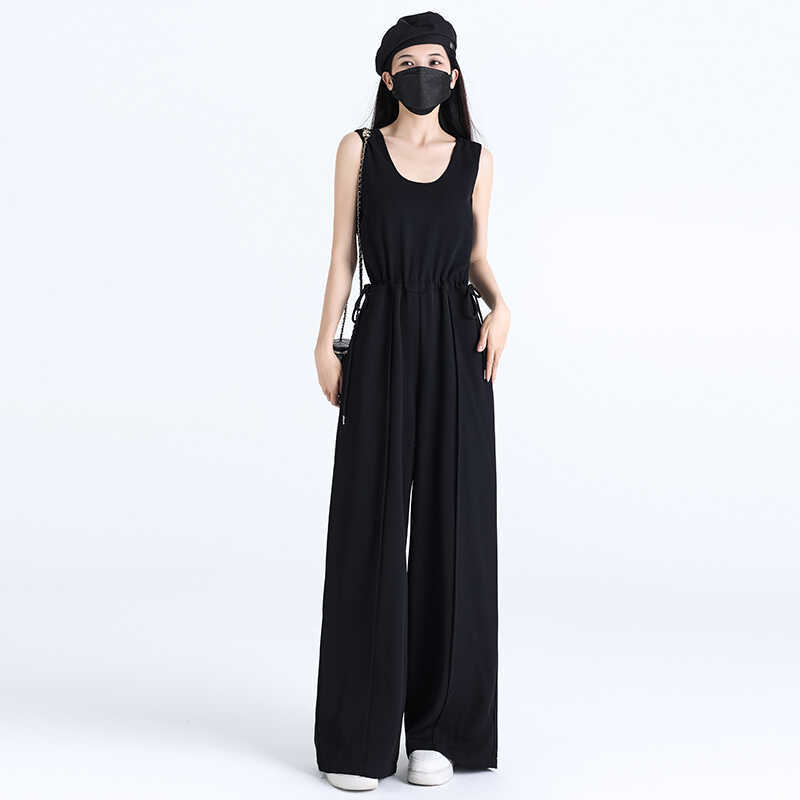 Hepburn-Style Black Jumpsuit for Women, Elegant Sleeveless, Waist-Cinching, Summer Drape, Loose Wide-Leg, Floor-Length Suspender Pants