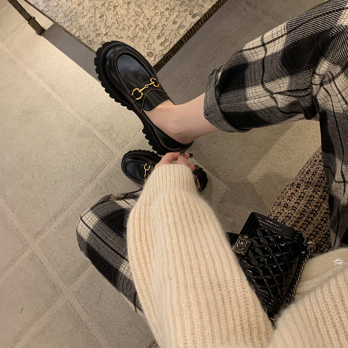 2021 autumn new horsebit thick-soled loafers women's little bee platform shoes single shoes British style small leather shoes