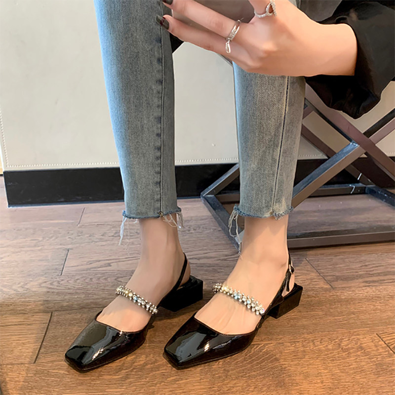 2022 spring and summer new one-word drill buckle belt back empty square head shallow mouth single shoes thick heel Baotou Mary Jane sandals women