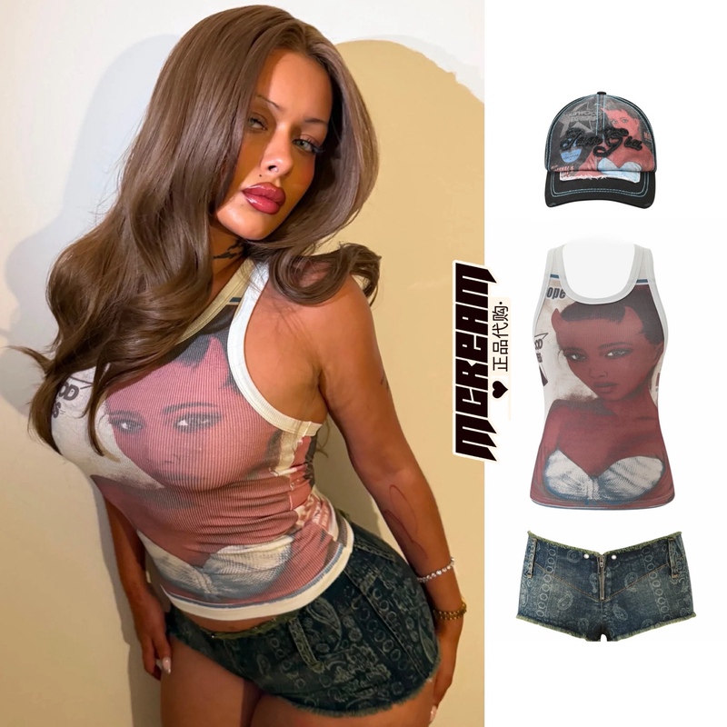 Authentic Iamgia X T-Rex Exclusive Graphic Print Ribbed Vest and Paisley Denim Shorts Authentic Iamgia X T-Rex Exclusive Graphic Print Ribbed Vest and Paisley Denim Shorts