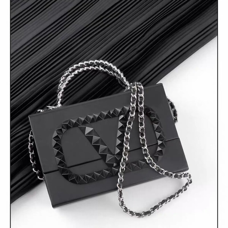 Valentino Large Logo Haute Couture Evening Bag, Black Studded Cosmetic Bag, Storage Box, Clutch Bag, Convertible