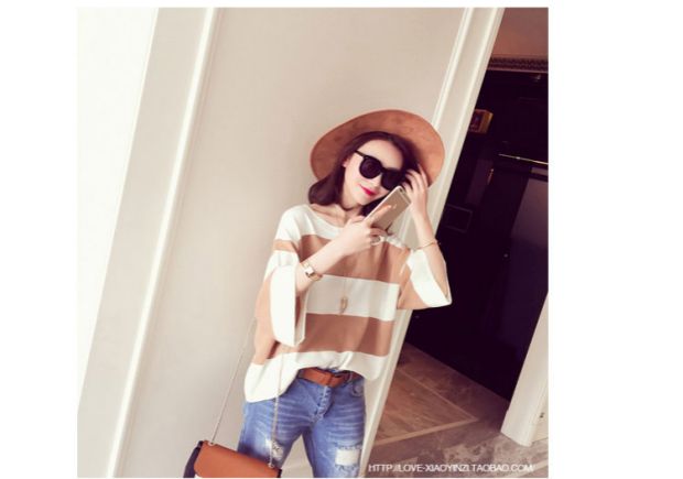 Mùa hè nữ bán buôn phiên bản Hàn Quốc của thời trang mới hit màu sọc mỏng áo thun rộng tay áo bảy điểm áo len ngắn áo phông trắng nữ