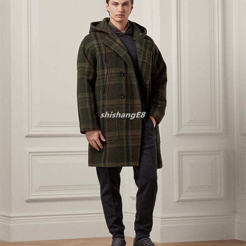 In-Stock Ralph Lauren Purple Label Green Plaid Wool Mid-Length Hooded Coat