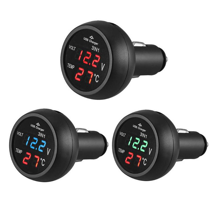 3 in 1 High Precision Car Thermometer Car Voltage Thermometer led Dual USB Fast Charging Cell Phone Charger