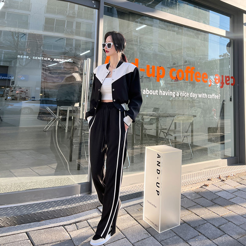 Baseball Suit Suit Woman Fried Street Short jacket Summer new high waist wide leg Long pants casual sportswear Two sets