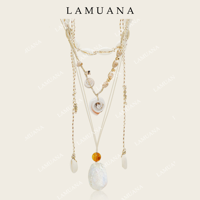 Lamuana Braided Rope Shell Bead Necklace Niche Design Summer Choker Multi-Layered Vacation Style 79109