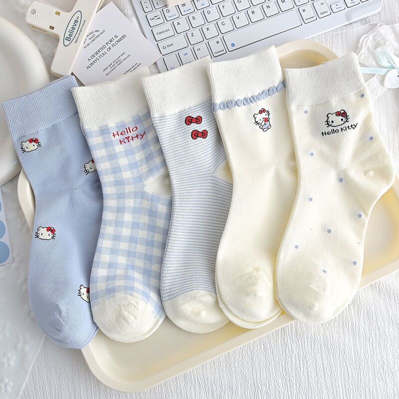 Light Blue Kt Cat Socks for Girls, Autumn and Winter Style, Sweet Socks for Older Children, Cute Cartoon Cat Mid-Calf Socks with Bow