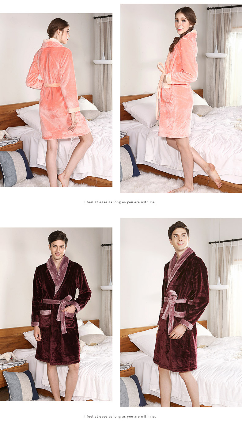 Váy ngủ flannel đậu đỏ nữ đậu đỏ mùa thu và mùa đông cặp đôi dịch vụ nhà dày san hô lông cừu đồ ngủ nam và nữ áo choàng tắm đồ ngủ pijama