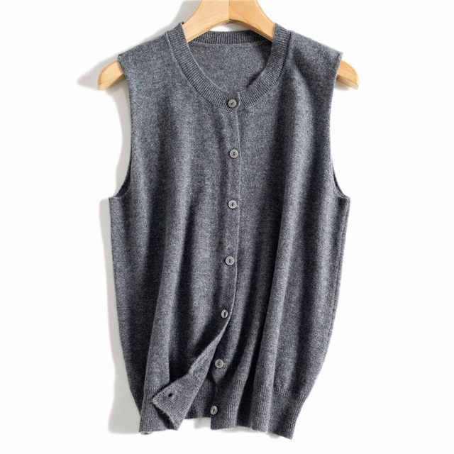 Spring new 100 pure wool knitted vest cardigan women's vest loose simple sleeveless sweater vest outer wear