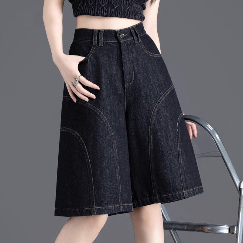 American High Street Style Black Denim Shorts for Women 2025 New Summer Ootd Outfit Five-Point Pants Wide-Leg A-Line Mid-Length Pants