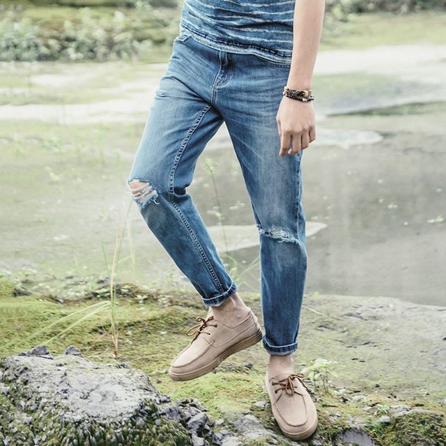 Spring and summer new washed jeans men's trousers loose straight-leg pants slim-fit elastic pencil pants ripped nine-point pants