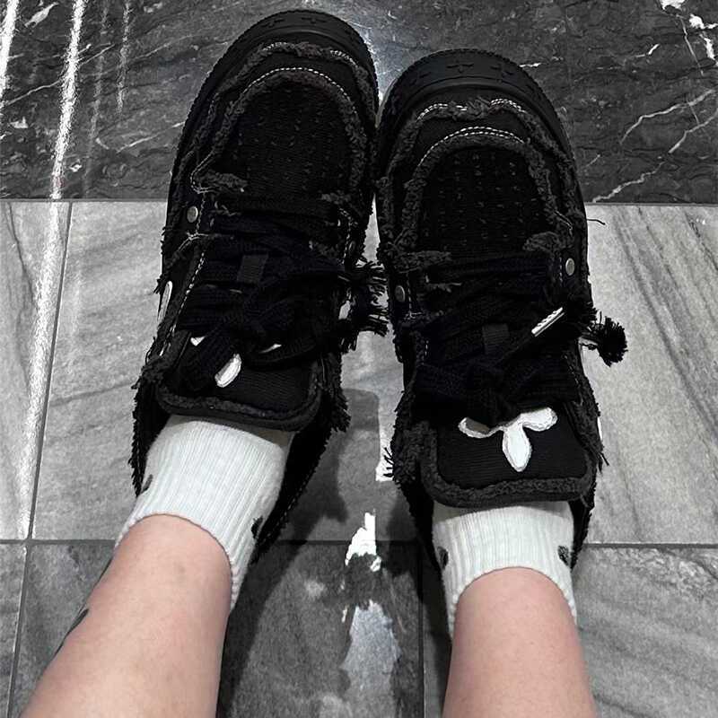 High Quality!!! Cross-Pattern Skate Shoes for Women, Thick-Soled Sports Casual Black Canvas Bread Shoes, Beggar Shoes
