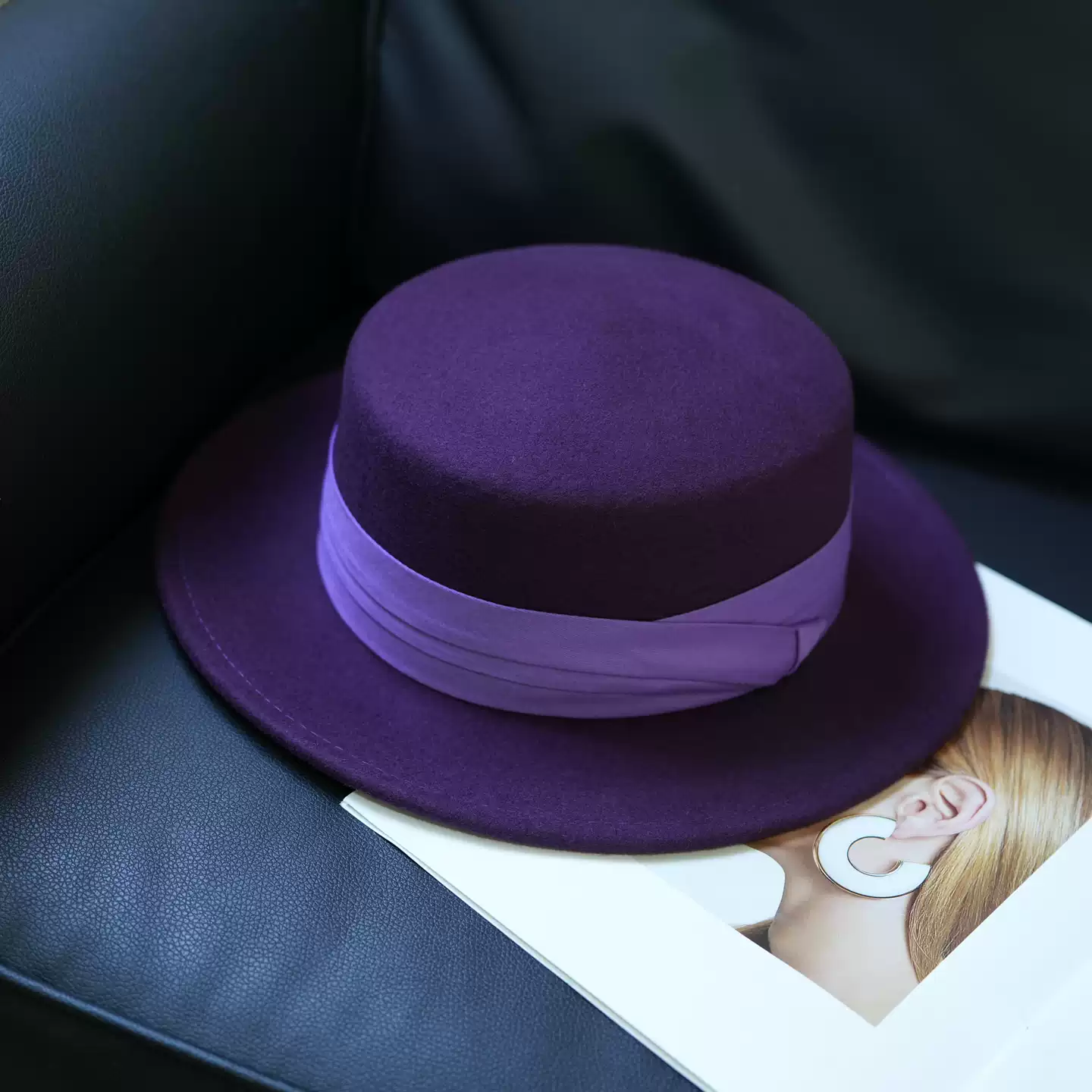 帽子女秋冬高级感富贵紫色羊毛平顶礼帽2025新款法式帽子女, image size:1440x1440