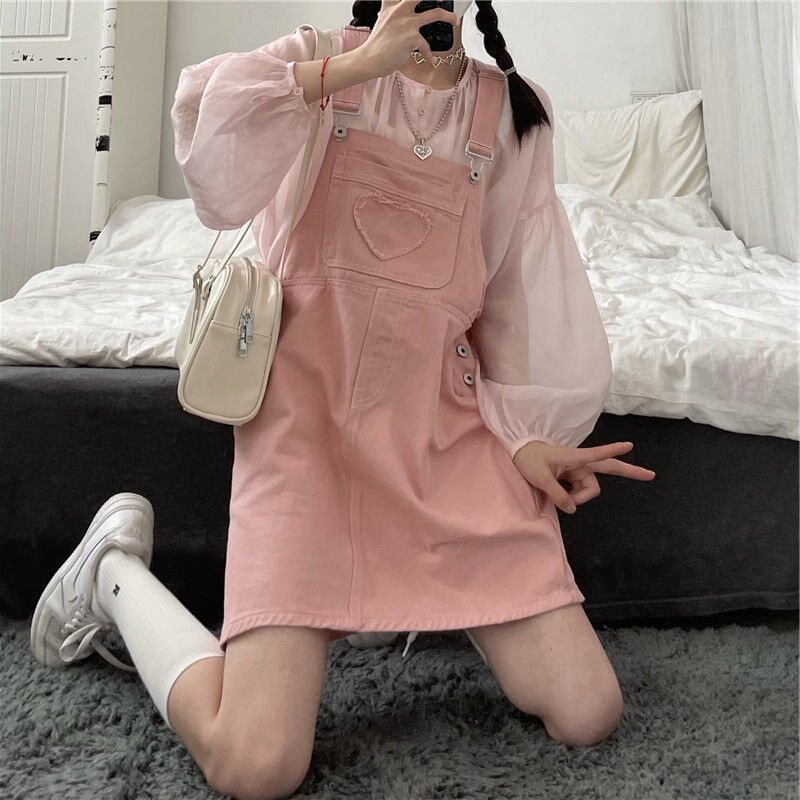 Teenage Girl Powder Sweetness Dresses Easy To Slim Jeans Foreign Dress Woman New Design Feel Fat Mm Pink Cuddling Bag Short Skirt