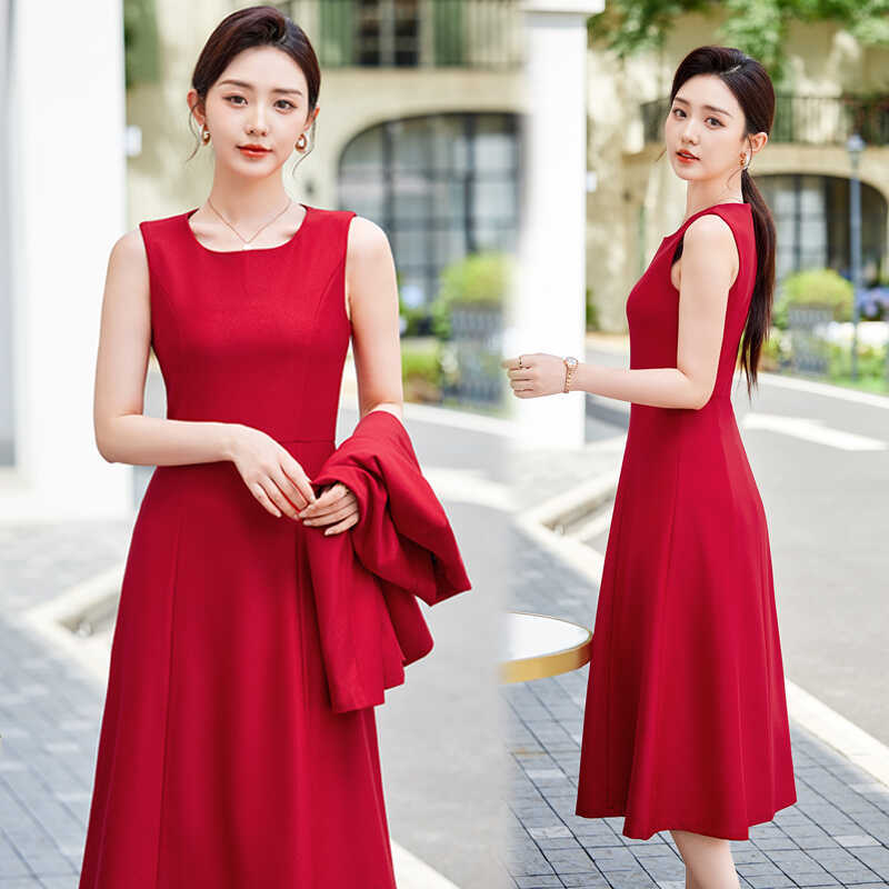 Red Sleeveless Vest Dress for Women, High-End Formal Long Dress, Elegant Annual Party Evening Dress, Little Black Dress for Autumn