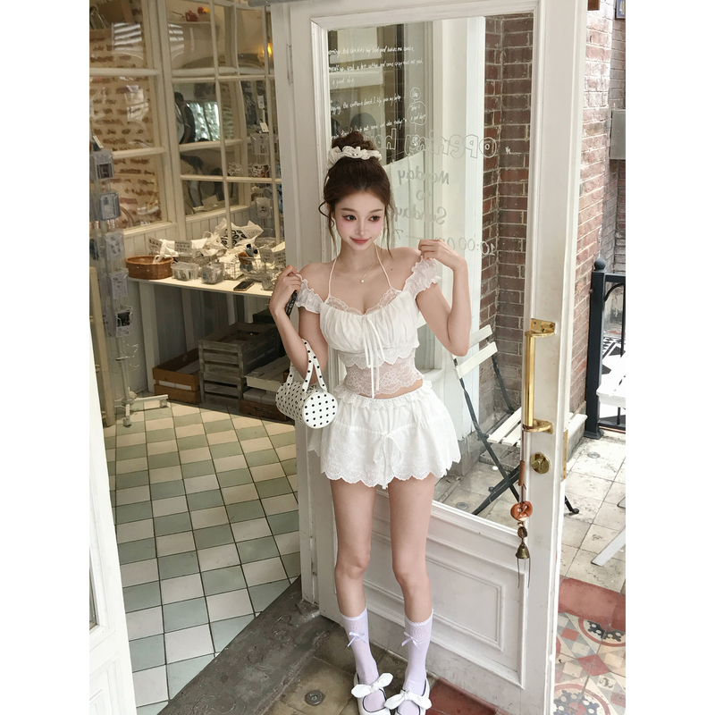 Mejiu Mi Jiu [Pear Blossom Rain] French-Style Sleeveless Lace-Up Top for Women, Summer White Slim-Fit Faux Two-Piece