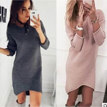 Pure color round neck long sleeve sweater long dress render