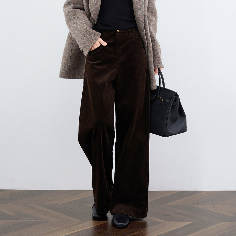 Verve Aria【Hong Kong Style Pants】Brown Corduroy Pants for Women Autumn Melard Retro Straight Wide-Leg Pants