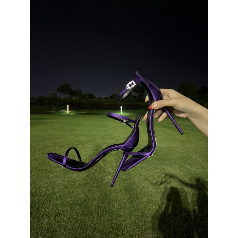 Wine-Colored Purple Open-Toe Strappy 12cm Thin Heel High-Heeled Sandals, 13cm Rhinestone High Heels, Deep Purple Satin Finish