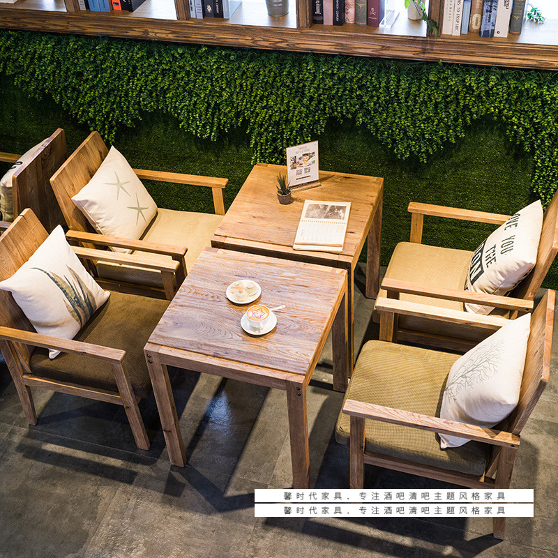 Walnut old elm solid wood sofa chair retro old log cafe theme restaurant dining table and chair combination