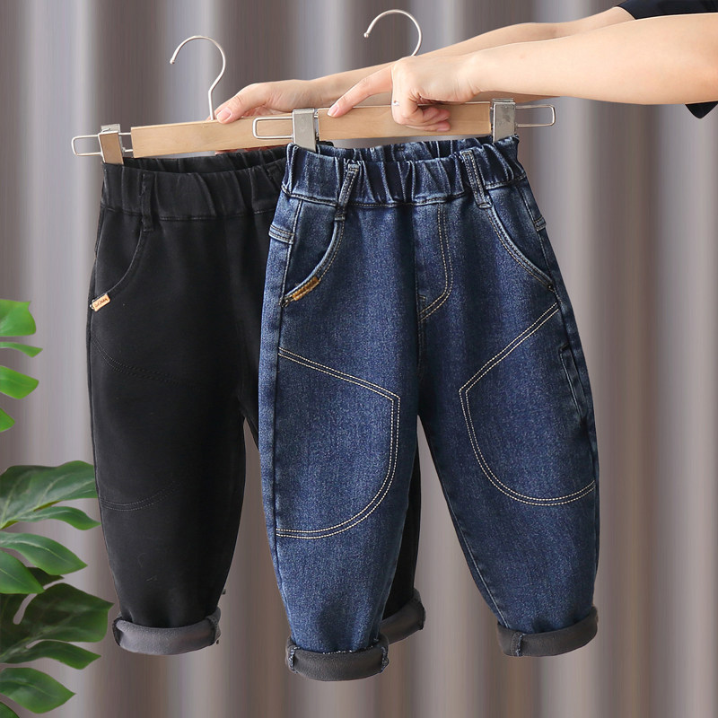 Boys' fleece pants winter children's cotton pants thickened outer wear children's clothing baby jeans all-in-one fleece autumn and winter models