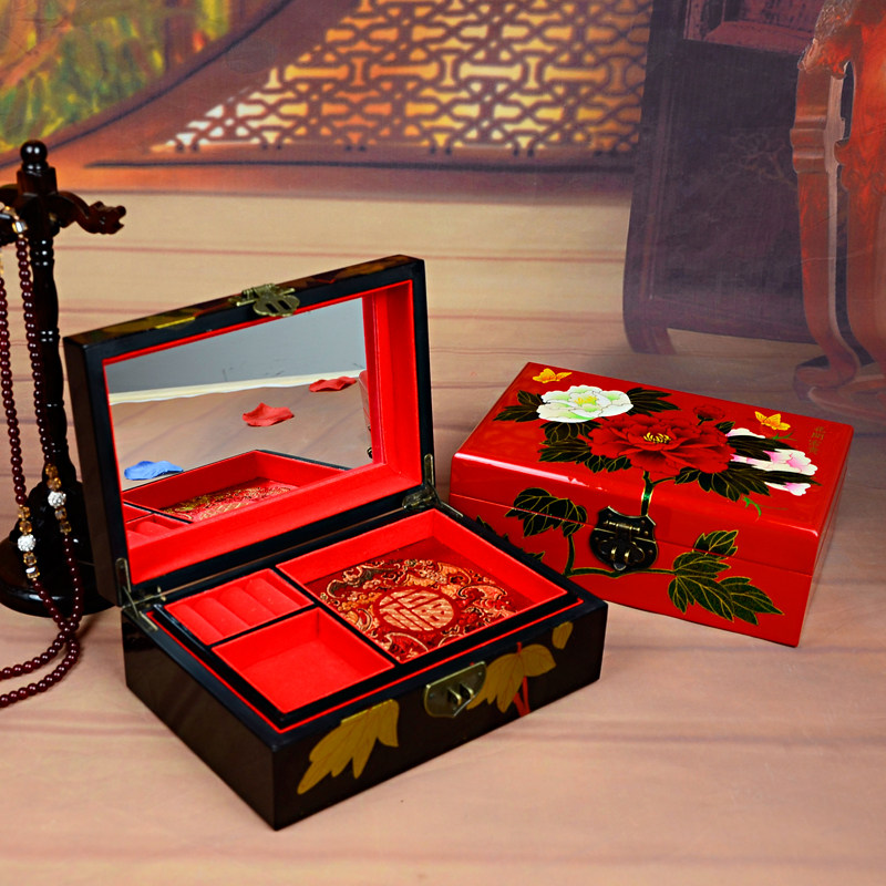 China Wind Pure Handmade Lacquered Ware Pendulum Piece First Accessories Box Drawer Jewelry Containing Box Wedding Dowry Traditional Feature Gift