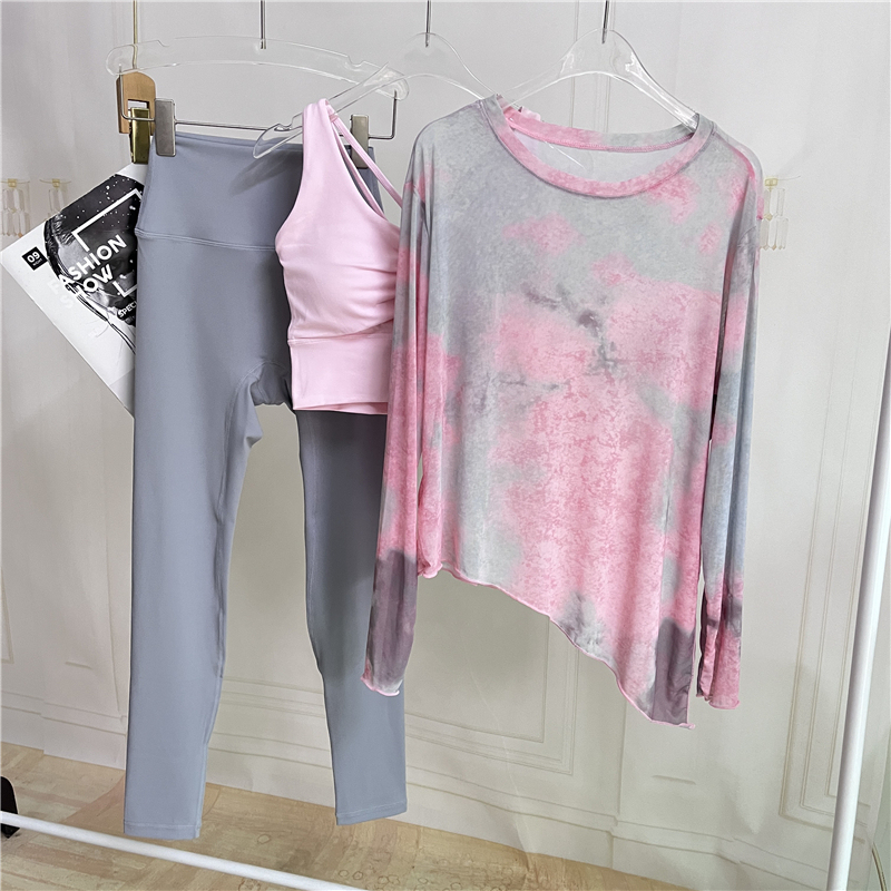 Tie-Dye Mesh Gentle Gray-Pink Color Scheme, Complexion-Enhancing Yoga Fitness Pilates Sports Set, Three-Piece Set, Breathable and Sweat-Absorbent Tie-Dye Mesh Gentle Gray-Pink Color Scheme, Complexion-Enhancing Yoga Fitness Pilates Sports Set, Three-Piece Set, Breathable and Sweat-Absorbent