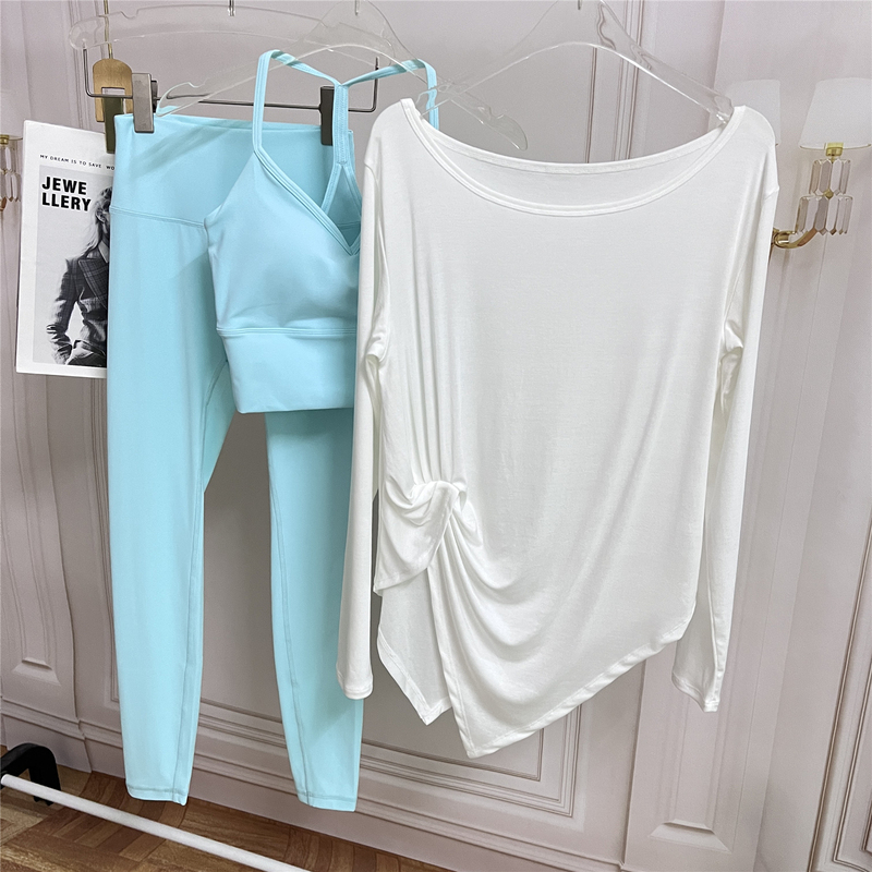 Hat Blue Sports Suit Women's Yoga Three-Piece Set Pilates Training Body Shaping Fitness Breathable Hip-Covering Slimming