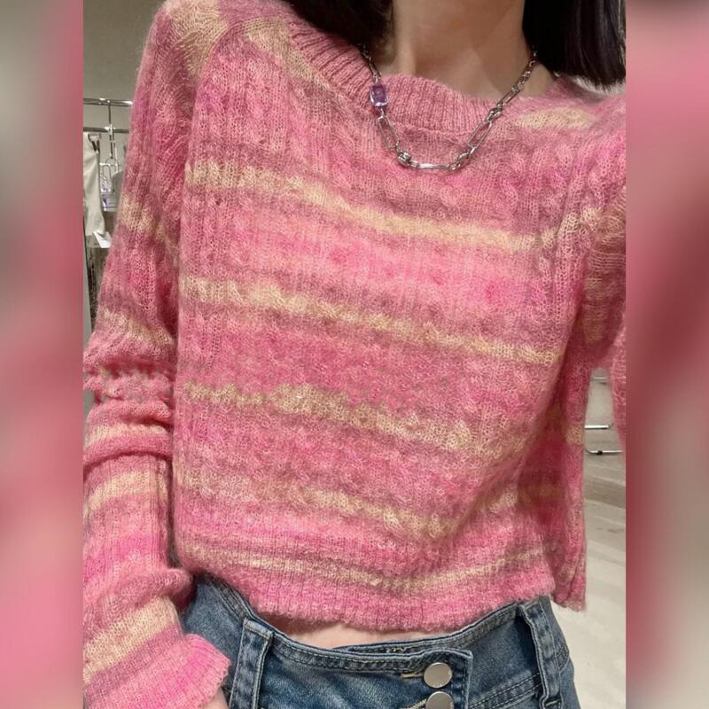 Mohair Knit Sweater for Women, Autumn and Winter, Casual Style for Petite Women, Cute Rainbow Stripes