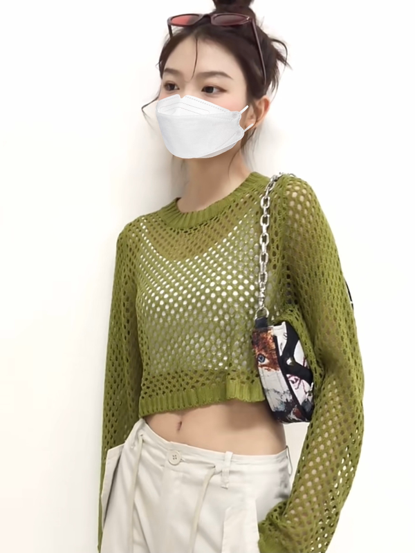 2026 Summer New Korean Style Round Neck Pullover Design with Mesh Hollow Out Versatile Ice Silk Sunscreen Knitted Short Top 2026 Summer New Korean Style Round Neck Pullover Design with Mesh Hollow Out Versatile Ice Silk Sunscreen Knitted Short Top