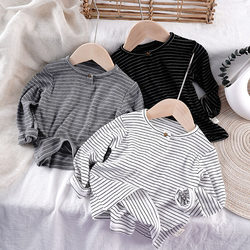 Spring New Small Children's Pit Bar Model Cotton Long -sleeved T -shirt Male and Girls Casual Striped Elastic Broken Shirts