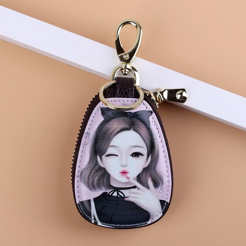 Female Korean fashion oval zipper small key bag hand-painted color printing cartoon cute small personality car key case