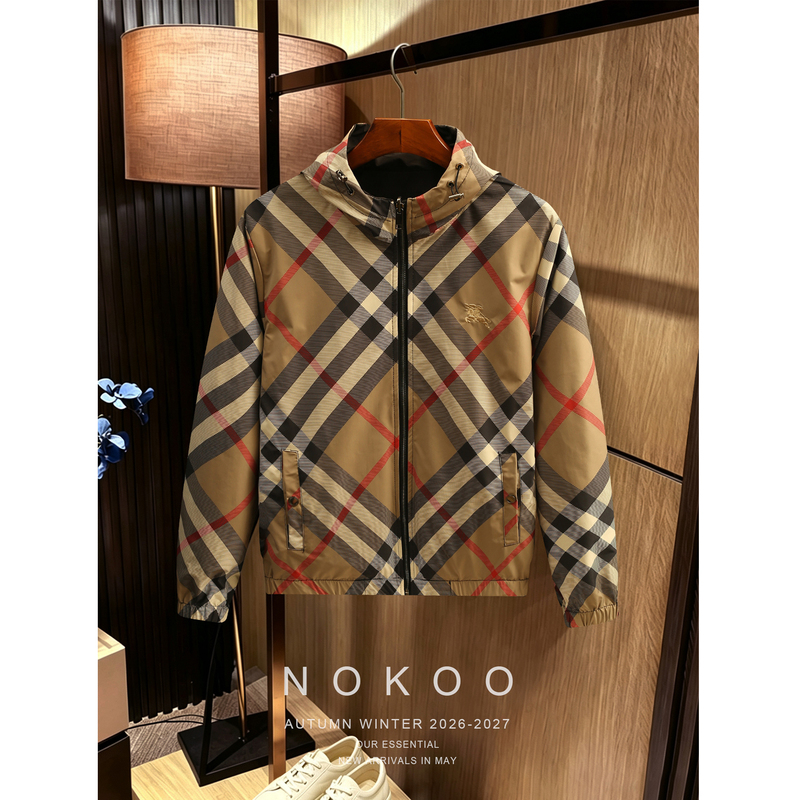 Reversible Classic Plaid Hooded Jacket 2026 Spring and Autumn Slim Fit Zipper Double-Sided Men's Coat