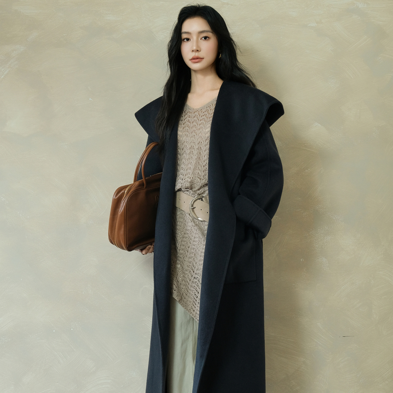 Cannes Night Hooded Mid-Length 100% Wool Coat 2025 Winter New Style Elegant Double-Sided Woolen Jacket