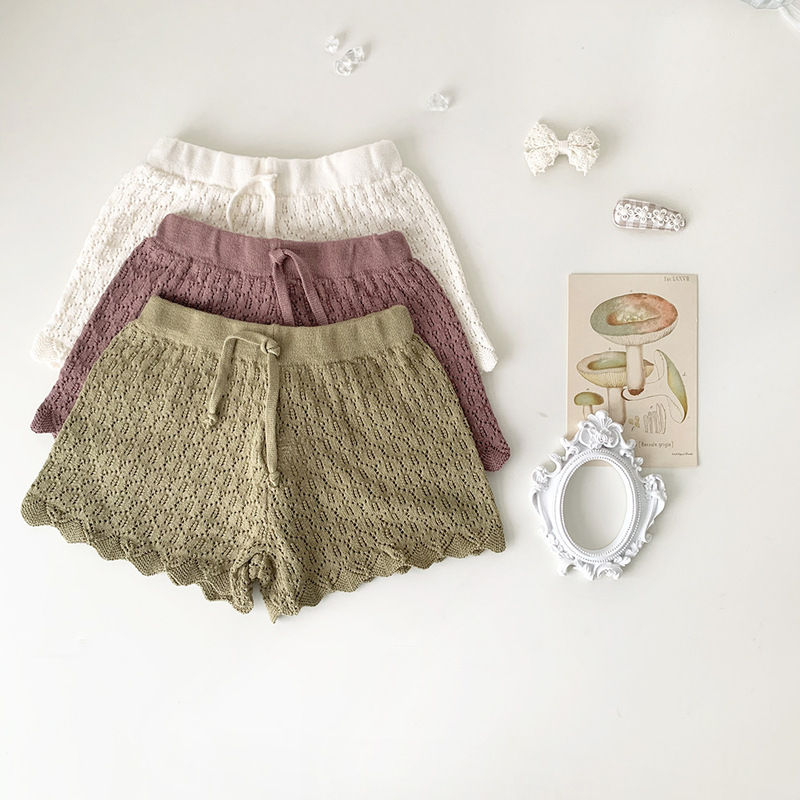 Cutemily Summer Style Baby Girl Knitted Cotton Shorts Baby Girl Loose Strap Cut Out Texture Shorts