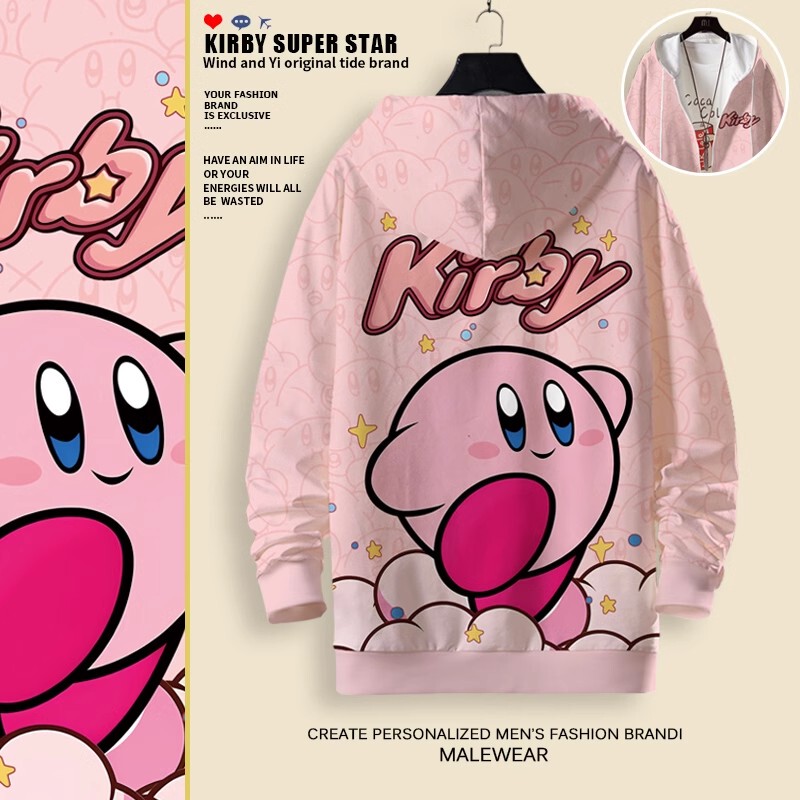 Kirby Cartoon Anime Collaboration Hooded Sweatshirt for Men and Women, Cute Fleece-Lined Jacket, Student Hoodie with Zipper for Winter
