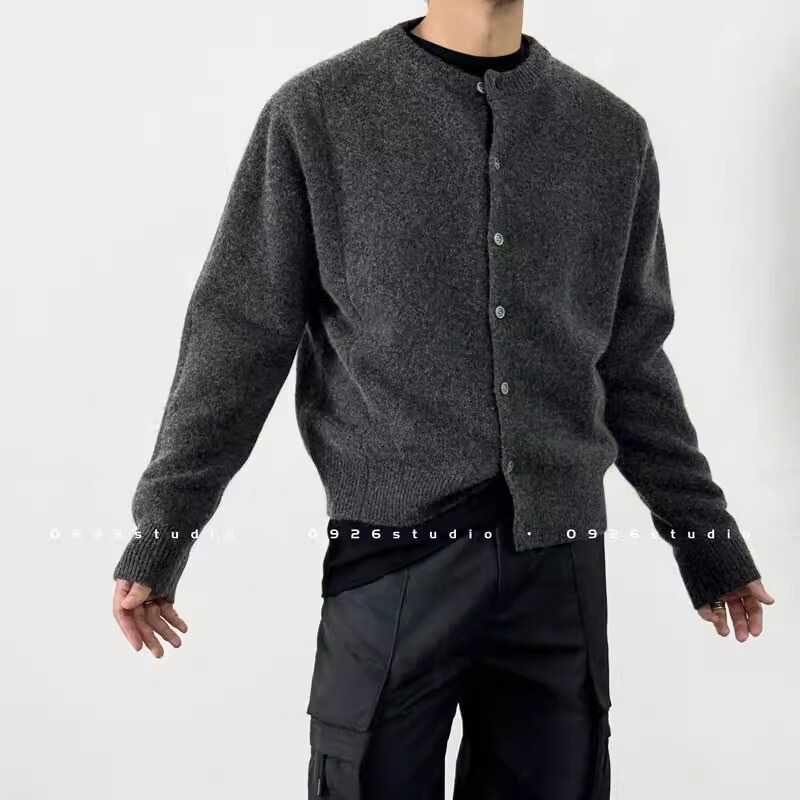 0926Studio Old Money Style Simple and Luxurious Round Neck Wool Knit Cardigan Soft Pure Dark Gray Sweater Coat