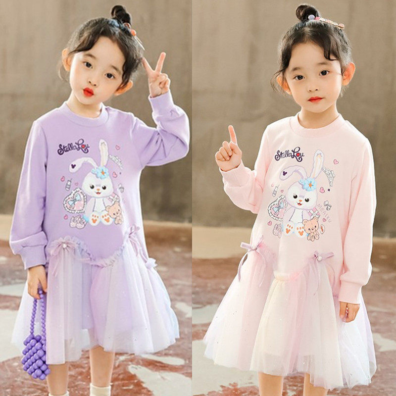 Girls' thick T-shirt dress spring and autumn children's long-sleeved T-shirt princess skirt girl purple casual mesh bottoming skirt