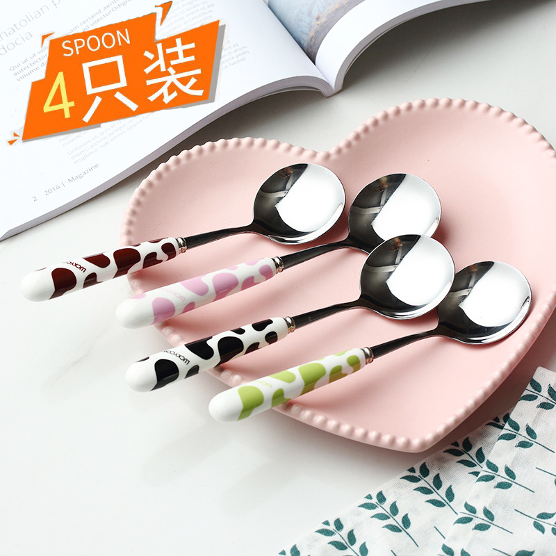 Milk pattern ceramic handle thick stainless steel creative cute spoon home Korean round spoon soup spoon coffee dessert spoon