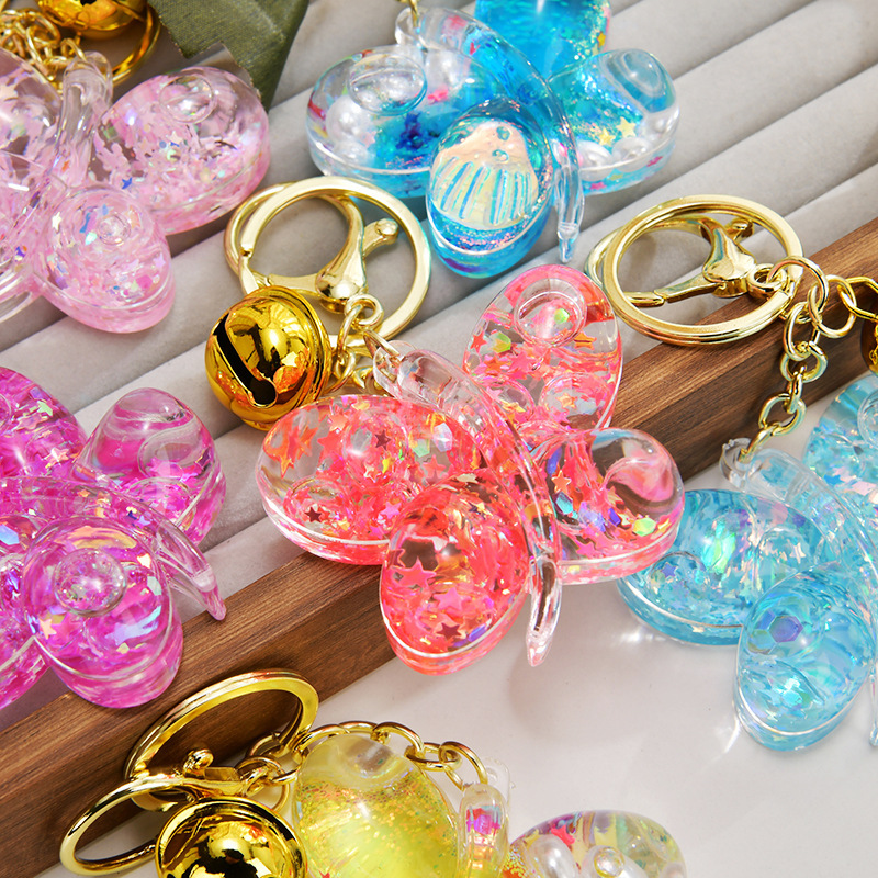 New Acrylic Oil-Filled Butterfly Keychain Pendant, Fashionable Crystal Sequin Drift Bottle Keychain for Bags