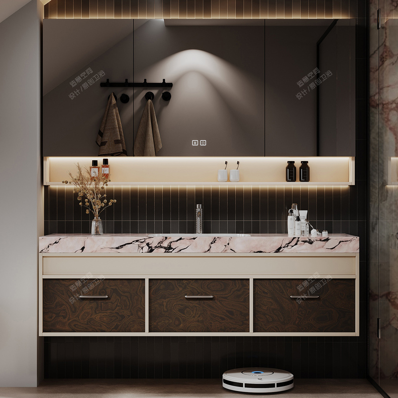 Rock Slab Seamless Ceramic Integrated Basin Bathroom Cabinet Set, Bathroom Vanity Sink, Washbasin Cabinet, Light Luxury Style