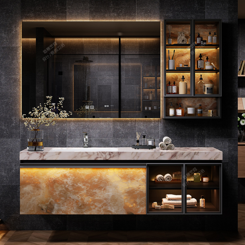 Hotel-Style Bathroom Cabinet Set with Quartz Stone Seamless Ceramic Basin, High-End Bathroom Vanity Sink Cabinet