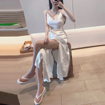 Gegegejia 2021 summer new vintage white slim sexy suspenders irregular long dress holiday dress
