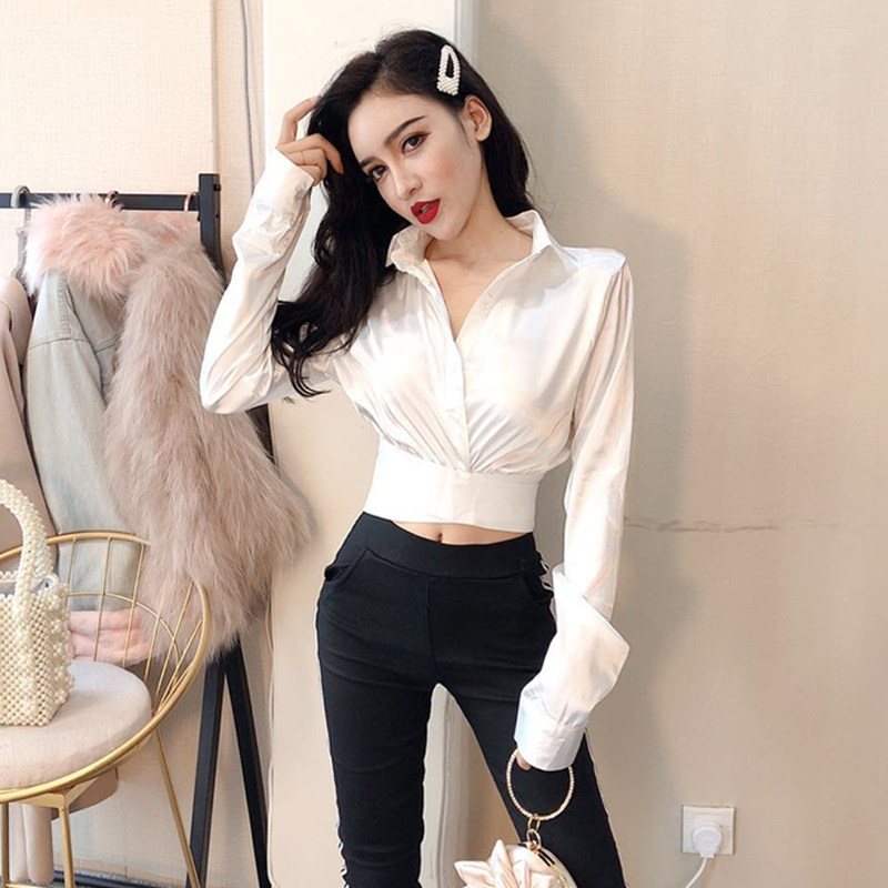 Gege family spring new temperament sexy suit collar long sleeve shirt cross crop waist short shirt top woman
