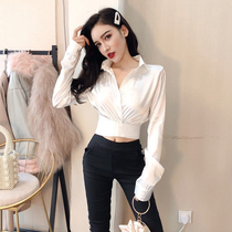  Gege Jiachun new temperament sexy suit collar long-sleeved shirt cross exposed umbilical waist short shirt top female