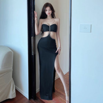 Gege's elegant and sexy tube top open-chested hollow chain long dress women's waist bag hip slit dress